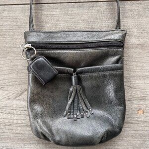 Osgoode Marley Crossbody Bag Leather Fringe Detail Exterior Zipper Pockets Black